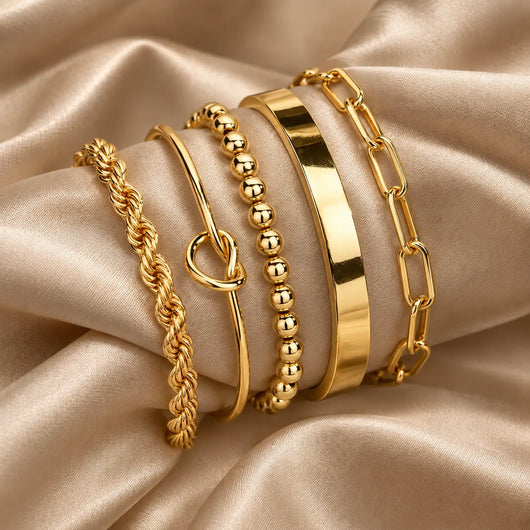 Set de 5 Pulseras Gruesas Enchapada PVD en Oro 18K - Hipoalergénicas e Impermeables