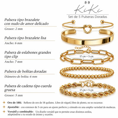 Set de 5 Pulseras Gruesas Enchapada PVD en Oro 18K - Hipoalergénicas e Impermeables
