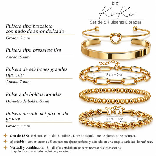 Set de 5 Pulseras Gruesas Enchapada PVD en Oro 18K - Hipoalergénicas e Impermeables