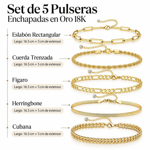 Set de 5 Pulseras Enchapadas en Oro 18K - Hipoalergénicas e Impermeables