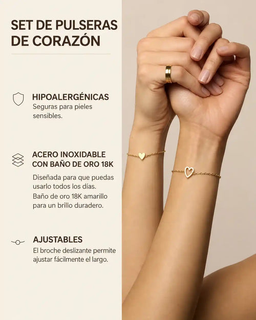 Set de Pulseras Corazones Inseparables | Chapado de Oro 18K de Alta Duración | Resistente al Agua💕